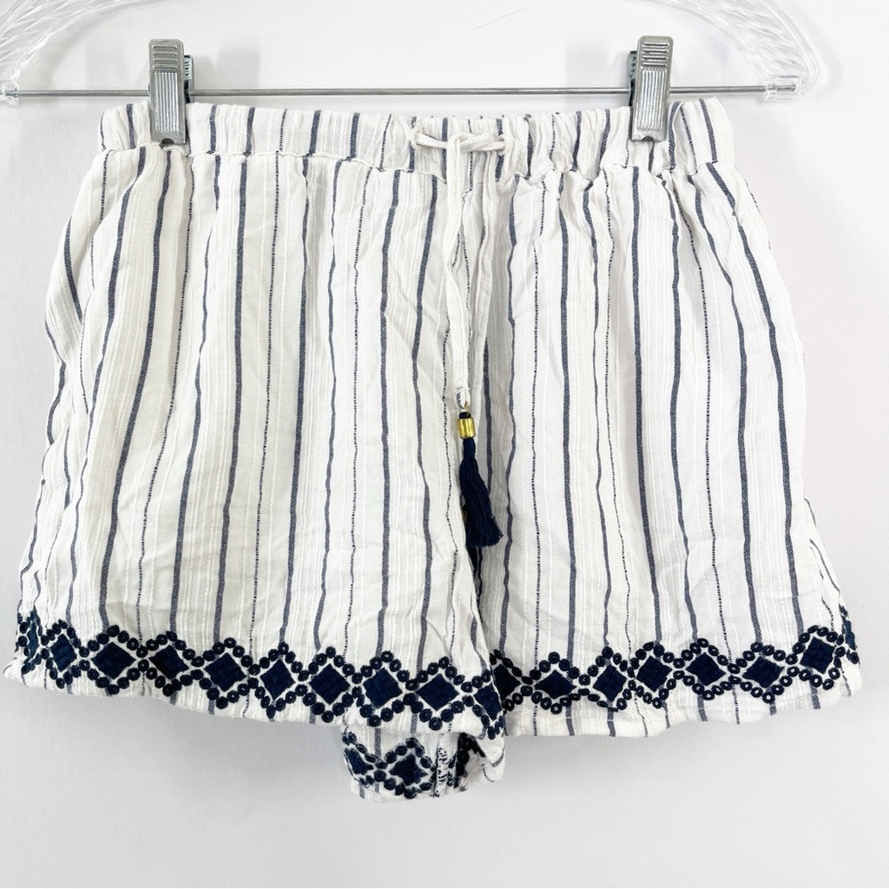 L*Space White Striped Summer Shorts Navy Blue Embroidery Size XS 100% Cotton